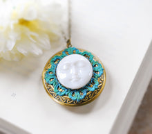 Load image into Gallery viewer, Moon Face Locket Necklace, Personalized Photo Locket, Antique Gold Turquoise Blue Verdigris Round Picture Locket, Mothers day gift for mom
