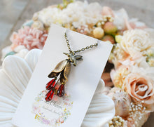 Load image into Gallery viewer, Hummingbird Necklace, Brass Tulip, Garnet Ruby Red, Humming Bird Jewelry, January July Birthday Gift, Birthstone Jewelry, Christmas Gift
