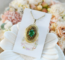 Load image into Gallery viewer, Emerald Green Vintage Jewel Photo Locket Necklace, Antique Gold Oval Floral Locket Pendant, May Birthstone Birthday Gift, Photo Locket
