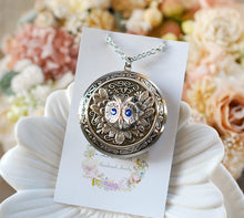 Load image into Gallery viewer, Personalized Silver Owl Locket Necklace, Customized Photo Picture Locket, Blue Sapphire September Birthstone Jewelry, Gift for Daughter
