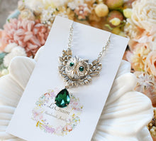 Load image into Gallery viewer, Owl Necklace, May Birthstone Necklace, Owl Jewelry, Silver Plated Brass Owl, Emerald Green Necklace, Birthstone Jewelry, Gift for daughter
