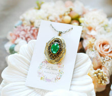 Load image into Gallery viewer, Emerald Green Vintage Jewel Photo Locket Necklace, Antique Gold Oval Floral Locket Pendant, May Birthstone Birthday Gift, Photo Locket
