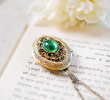 Load image into Gallery viewer, Emerald Green Vintage Jewel Photo Locket Necklace, Antique Gold Oval Floral Locket Pendant, May Birthstone Birthday Gift, Photo Locket
