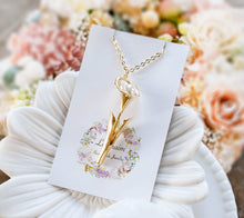 Load image into Gallery viewer, Gold Calla Lily Necklace with Cream White Pearl, Flower Pendant Necklace, Calla Lily Jewelry, Gift for Mom Grandma Wife, Jewelry for women
