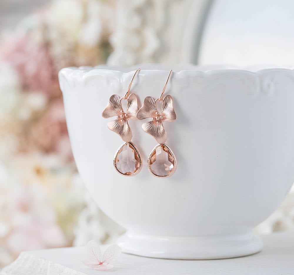 Rose Gold Earrings, Orchid Flower Peach Glass Earrings, Rose Gold Jewelry, Peach Wedding Earrings, Gift for wife girlfriend Bridesmaid