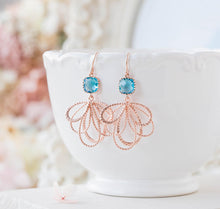 Load image into Gallery viewer, Blue Zircon Crystal Rose Gold Filigree Earrings. December Birthstone.
