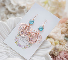 Load image into Gallery viewer, Blue Zircon Crystal Rose Gold Filigree Earrings. December Birthstone.
