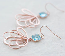 Load image into Gallery viewer, Blue Zircon Crystal Rose Gold Filigree Earrings. December Birthstone.
