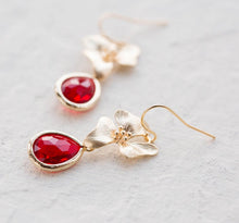 Load image into Gallery viewer, Red Ruby Crystal Earrings with Gold Orchid Flowers, Red Wedding Jewelry, May Birthstone Jewelry, Bridesmaid Gift, Christmas Gift for her
