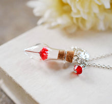 Load image into Gallery viewer, Ruby Red Real Flower Terrarium Necklace, July Birthstone Ruby, Silver Glass Bottle Terrarium Jewelry Jewellry, Birthday Gift for her
