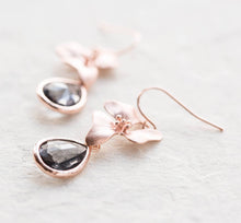 Load image into Gallery viewer, Rose Gold Gray Teardrop Glass Dangle Earrings, Rose Gold Jewelry, Flower Dangles, Gift for mom wife girlfriend, Christmas Gift for her
