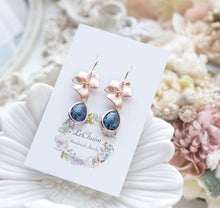 Load image into Gallery viewer, Navy Blue Earrings, Rose Gold Flower Dangle Earrings, September Birthstone Jewelry, Navy Wedding Bridesmaid Gift, Birthday Gift for women
