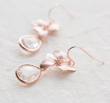 Load image into Gallery viewer, Clear Crystal Earrings, Rose Gold Earrings, Orchid Flower Floral Dangles, Wedding Bridal Jewelry, Bridesmaid Earrings, Maid of Honor Gift
