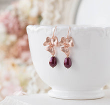 Load image into Gallery viewer, Rose Gold Plum Purple Burgundy Pearl Earrings, Plum Burgundy Wedding Earrings, Bridal Jewelry, Bridesmaid Gift, Gift for Mom women her
