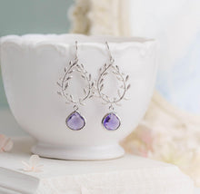 Load image into Gallery viewer, Purple Earrings, Wedding Jewelry, Silver Laurel Wreath Earrings, Bridesmaid Earrings, Bridesmaid Gift, February Birthstone, Amethyst Earring
