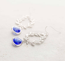 Load image into Gallery viewer, Sapphire Blue Earrings, Silver Laurel Wreath Earrings, September Birthstone, Sapphire Jewelry, Bridesmaid Gift, Something Blue Wedding
