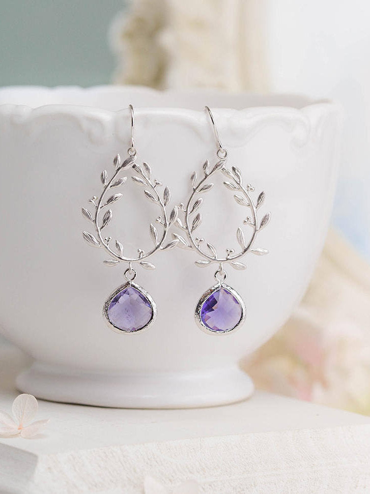 Purple Earrings, Wedding Jewelry, Silver Laurel Wreath Earrings, Bridesmaid Earrings, Bridesmaid Gift, February Birthstone, Amethyst Earring