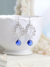 Load image into Gallery viewer, Sapphire Blue Earrings, Silver Laurel Wreath Earrings, September Birthstone, Sapphire Jewelry, Bridesmaid Gift, Something Blue Wedding
