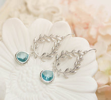 Load image into Gallery viewer, Silver Olive Leaf Branch Wreath Aquamarine blue Crystal Earrings
