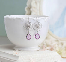 Load image into Gallery viewer, Silver Filigree Flower Lilac Purple Glass Drop Earrings, Lilac Wedding Earrings, Bridesmaid Gift, Flower Dangle Earrings, Gift for women her
