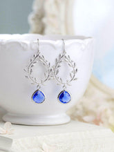 Load image into Gallery viewer, Sapphire Blue Earrings, Silver Laurel Wreath Earrings, September Birthstone, Sapphire Jewelry, Bridesmaid Gift, Something Blue Wedding
