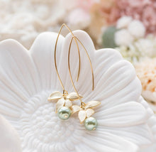 Load image into Gallery viewer, Sage Green Pearl Gold Orchid Flower Earrings, Olive Green Sage Wedding Bridal Earrings, Bridesmaid Earrings, Gift for Her, Gift for Women
