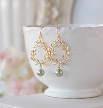 Load image into Gallery viewer, Gold laurel wreath Sage Green Pearl Earrings Sage Green Wedding chandelier Earrings Bridal Earrings Bridal Party Bridesmaid Gift
