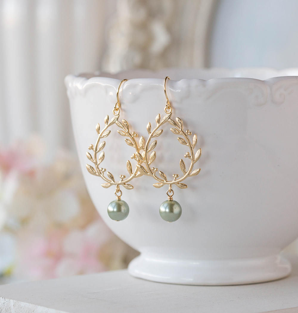 Gold laurel wreath Sage Green Pearl Earrings Sage Green Wedding chandelier Earrings Bridal Earrings Bridal Party Bridesmaid Gift