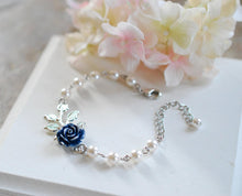 Load image into Gallery viewer, Silver Leaf Navy Blue Rose White Pearls Bracelet, Navy Blur Wedding Jewelry, Bridesmaid Gift, Flower Girl Bracelet, Gift for Her, Adjustable
