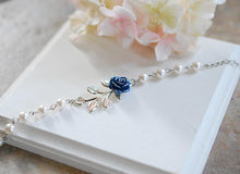 Load image into Gallery viewer, Silver Leaf Navy Blue Rose White Pearls Bracelet, Navy Blur Wedding Jewelry, Bridesmaid Gift, Flower Girl Bracelet, Gift for Her, Adjustable
