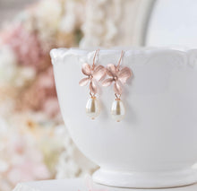 Load image into Gallery viewer, Rose Gold Orchid Flower Cream White Teardrop Pearls Dangle Earrings Rose Gold Wedding Jewelry Bridal Earrings Bridesmaid Gift labor day sale
