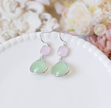 Load image into Gallery viewer, Mint Green and Blush Pink Glass Dangle Earrings, Blush Mint Wedding Jewelry, Bridesmaid Gift, Gift for girlfriend, Pink Green Earrings
