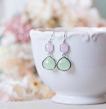 Load image into Gallery viewer, Mint Green and Blush Pink Glass Dangle Earrings, Blush Mint Wedding Jewelry, Bridesmaid Gift, Gift for girlfriend, Pink Green Earrings
