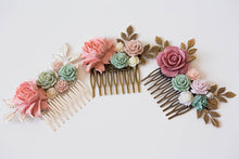 Load image into Gallery viewer, Bridal Hair Comb, Dusty Rose Pink Green Wedding Hair Accessory, Leaf Floral headpiece, Boho Wedding Country Wedding Bridal Hairpiece
