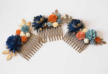 画像をギャラリービューアに読み込む, Navy Dusty Blue Burnt Orange Cream Ivory Hair Comb, Floral Wedding Hair Accessory, Bridal Hair Comb, Navy Blue Wedding Hair Slide
