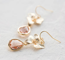 Load image into Gallery viewer, Peach Champagne Teardrop Crystal Gold Orchid Flower Dangle Earrings, Wedding Jewelry, Bridesmaid Earrings, Bridal Party Gift, Gift for Her
