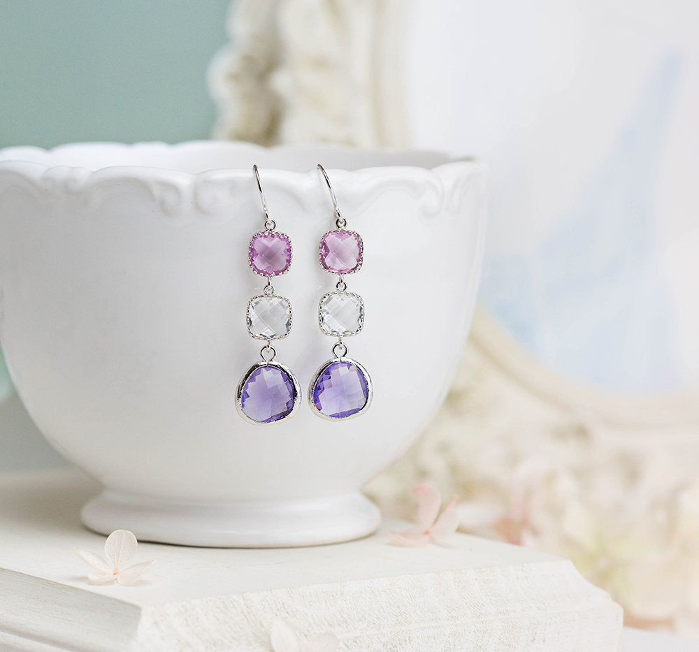 Lavender Purple Clear Crystal Earrings, Purple Lavender Violet Wedding Jewelry, Silver Dangle Earrings, Bridesmaid Gift, Anniversary Gift