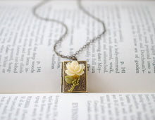 Load image into Gallery viewer, Book Locket Necklace. Antique Brass Book Locket with Ivory Cream Resin Rose, Miniature Book Necklace, Gift for Librarian, Christmas Gift
