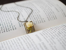 Load image into Gallery viewer, Book Locket Necklace. Antique Brass Book Locket with Ivory Cream Resin Rose, Miniature Book Necklace, Gift for Librarian, Christmas Gift
