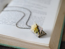 Load image into Gallery viewer, Book Locket Necklace. Antique Brass Book Locket with Ivory Cream Resin Rose, Miniature Book Necklace, Gift for Librarian, Christmas Gift
