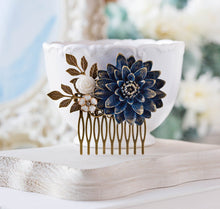 画像をギャラリービューアに読み込む, Navy Blue Chrysanthemum Mum Flower White Rose Hair Comb with Antiqued Gold Brass Leaf, Navy Blue Wedding Bridal Hair Comb, Bridesmaid Gift
