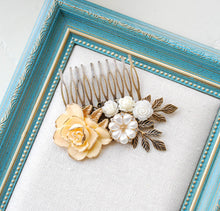 Load image into Gallery viewer, Bridal Hair Comb, Ivory White Rose Flower Antiqued Gold Leaf Branch Hair Comb, Rustic Vintage Wedding, French Country Chic, Boho Wedding
