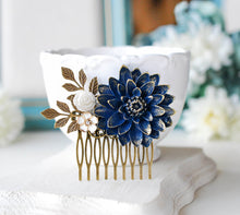 画像をギャラリービューアに読み込む, Navy Blue Chrysanthemum Mum Flower White Rose Hair Comb with Antiqued Gold Brass Leaf, Navy Blue Wedding Bridal Hair Comb, Bridesmaid Gift
