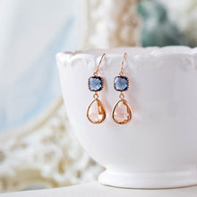 Load image into Gallery viewer, Rose Gold Navy Blue Peach Champagne Glass Dangle Earrings, Rose Gold Jewelry, Navy Blue Wedding Jewelry, Bridesmaid Gift, Gift for Mom Wife
