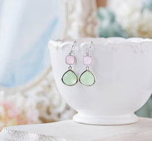 Load image into Gallery viewer, Mint Green and Blush Pink Glass Dangle Earrings, Blush Mint Wedding Jewelry, Bridesmaid Gift, Gift for girlfriend, Pink Green Earrings
