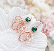 Load image into Gallery viewer, Emerald Green Rose Gold Earrings, Wedding Jewelry, Bridesmaid Earrings, Emerald jewelry, May Birthstone Birthday Gift for wife for Mom
