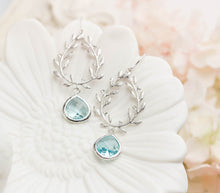 Load image into Gallery viewer, Silver Olive Leaf Branch Wreath Aquamarine blue Crystal Earrings
