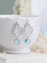 Load image into Gallery viewer, Silver Olive Leaf Branch Wreath Aquamarine blue Crystal Earrings
