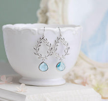 Load image into Gallery viewer, Silver Olive Leaf Branch Wreath Aquamarine blue Crystal Earrings
