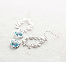 Load image into Gallery viewer, Silver Olive Leaf Branch Wreath Aquamarine blue Crystal Earrings
